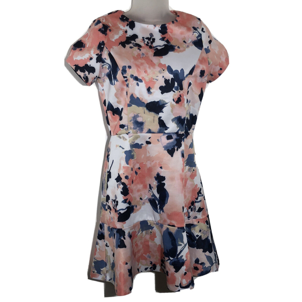 Love Ady Fit and Flare Dress Size Medium Ruffle Hem Pink Floral Short Sleeves